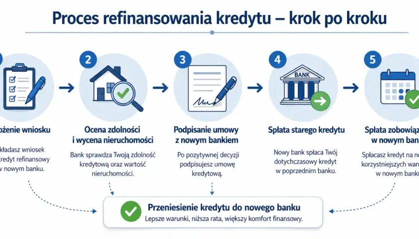 Proces refinansowania kredytu hipotecznego: złożenie wniosku, ocena zdolności, podpisanie umowy, spłata starego kredytu i zobowiązania w nowym banku.
