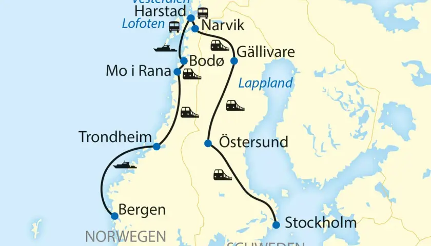 Karte zeigt eine Route durch Norwegen und Schweden, mit Zügen und Schiffen. Die schwedische Bahn verbindet Stockholm mit Östersund und Gällivare.