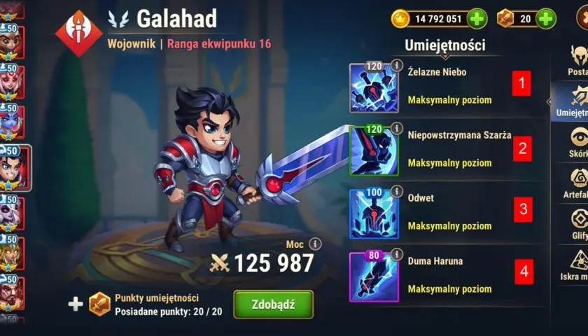 Galahad, wojownik z gry Hero Wars, w poradniku umiejętności. Jego moc to 125 987.