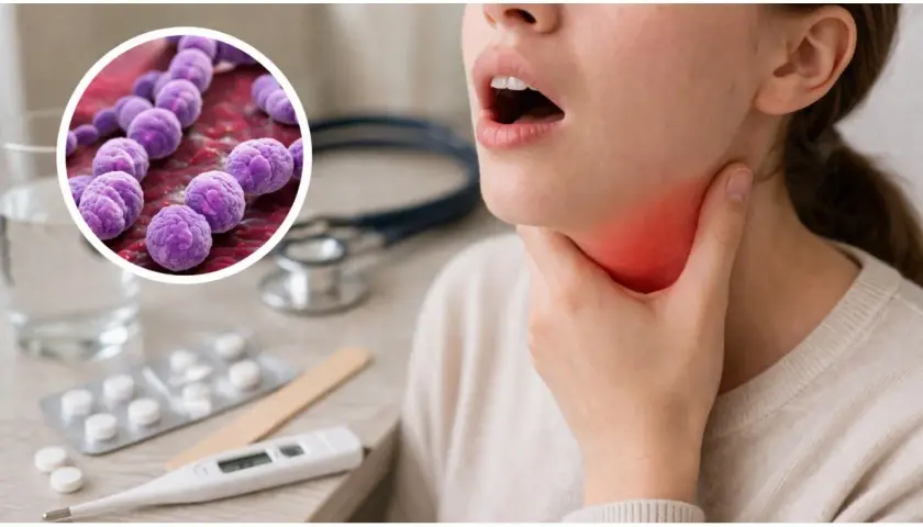 Ingrandimento di streptococchi viola, con una persona che si tocca la gola arrossata. Termometro e pillole suggeriscono i sintomi streptococco bambini.
