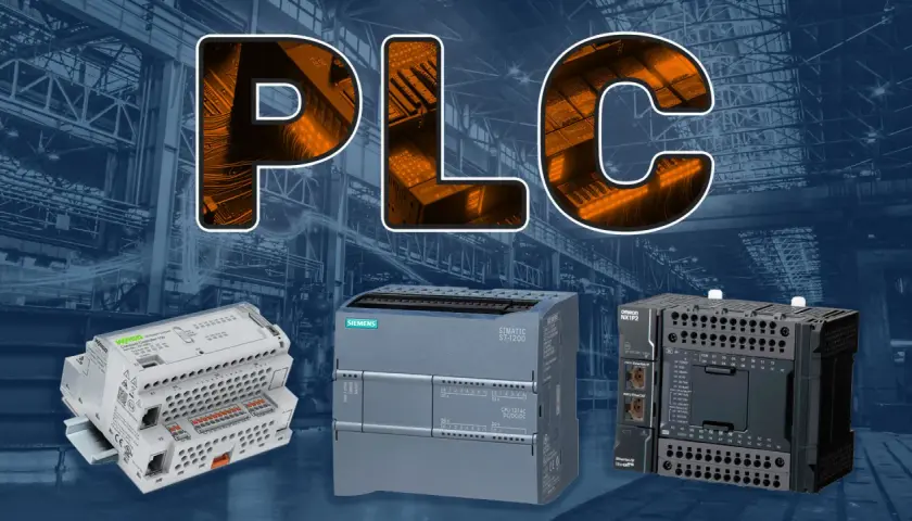 Trzy sterowniki PLC: WAGO, Siemens SIMATIC S7-1200 i Omron NX1P2, na tle przemysłowej hali.