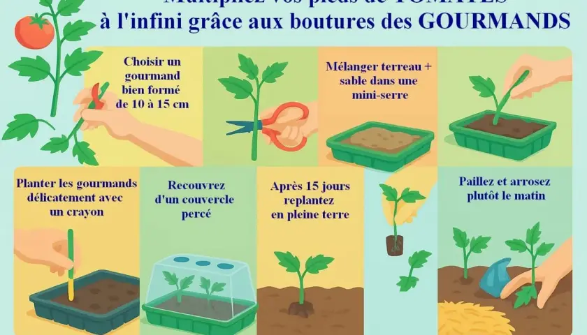 Guide illustré pour l'entretien pied de tomate : bouturage des gourmands, plantation et arrosage pour multiplier vos plants.