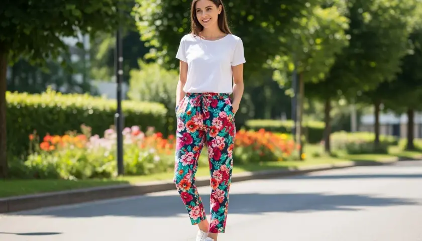 Stylizacja na lato: biały T-shirt i kolorowe spodnie w kwiaty. Idealne pytanie: co założyć do spodni w kwiaty?