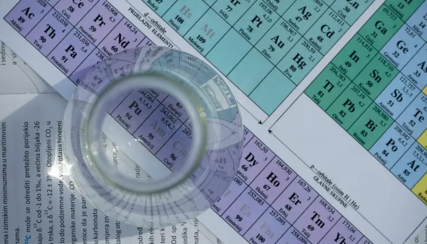 Okrugli predmet, poput čaše, leži na periodnom sustavu elemenata. Vidljivi su elementi poput Pu, Am, Cm, a u pozadini se nazire i 1 mol.