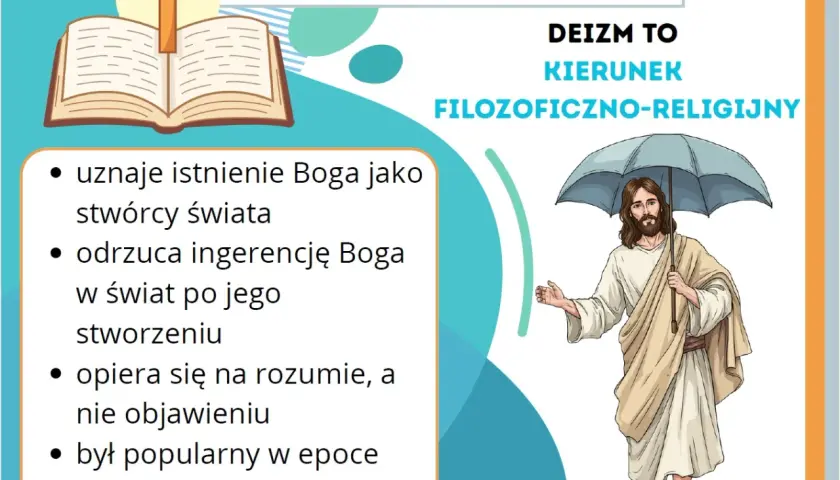 Ilustracja wyjaśnia deizm: uznaje Boga-stwórcę, ale odrzuca jego ingerencję w świat. Opiera się na rozumie, nie objawieniu.