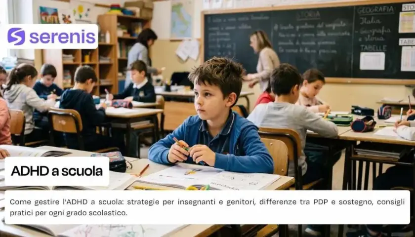 Bambino con ADHD a scuola, concentrato ma distratto, mentre i compagni studiano. Strategie per gestire la situazione.