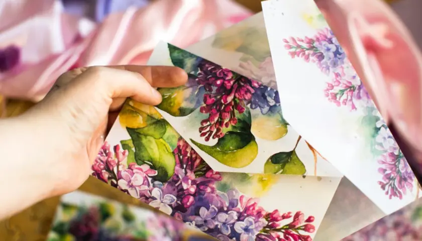 Ręcznie robione zaproszenia ślubne diy z motywem bzu. Delikatne akwarele na papierze.