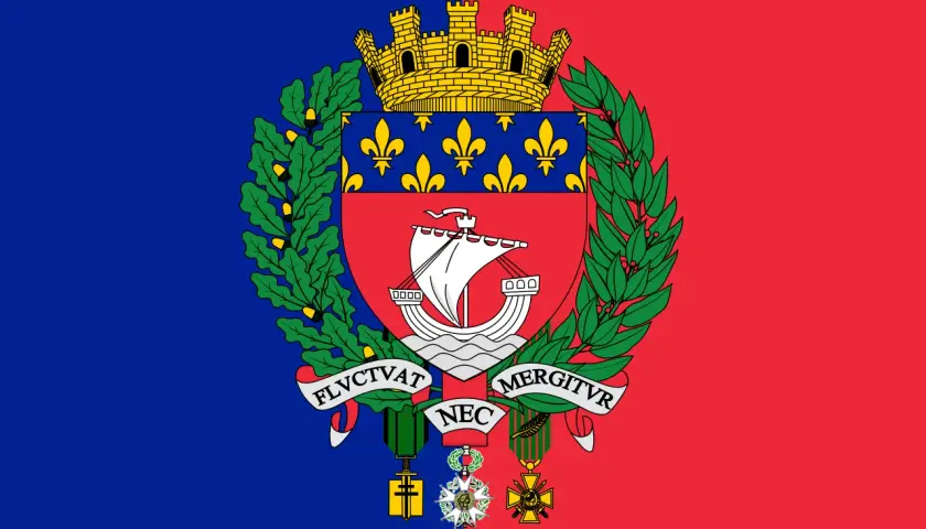 Herb Paryża: czerwono-niebieska flaga z herbem, koroną, żaglowcem i wieńcem laurowym.