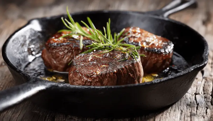 Trois tournedos saisis à la poêle, garnis de romarin frais. Une recette simple pour un plat savoureux.
