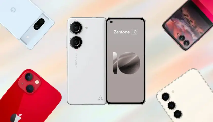 Nowe marki telefonów: biały ASUS Zenfone 10, czerwony iPhone, biały Pixel i kremowy Samsung.