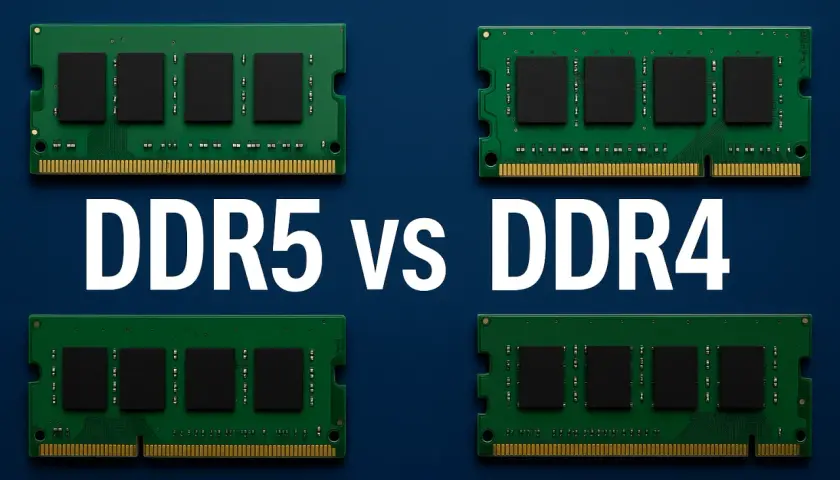Zwei DDR5 und zwei DDR4 RAM-Module werden nebeneinander auf einem blauen Hintergrund gezeigt.