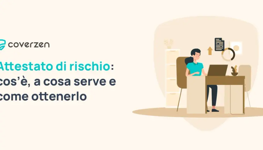 Coverzen presenta l'attestato di rischio: cos'è, a cosa serve e come ottenerlo. Illustrazione di una persona al computer.