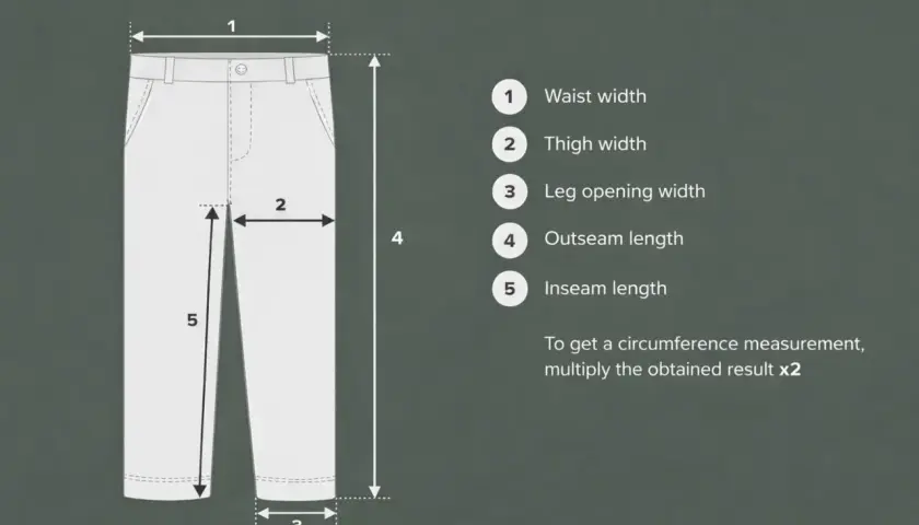 Diagram showing how to measure pants, with the crotch inseam indicated by the number 5.