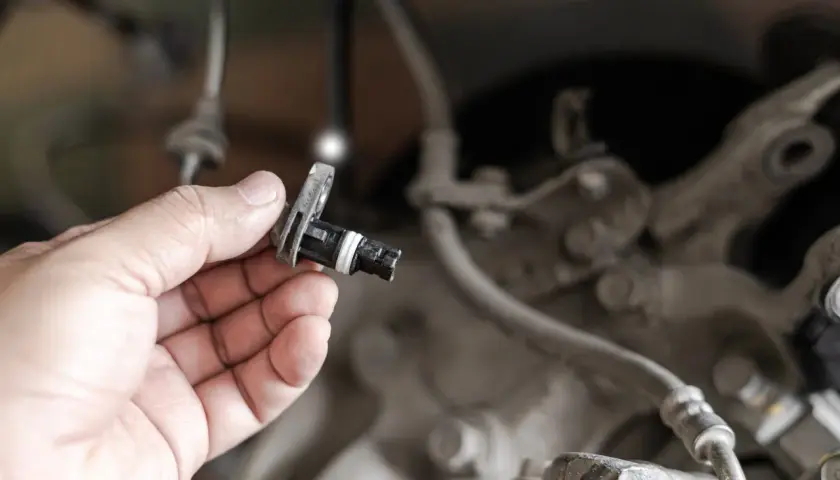 Mano che tiene un sensore ABS, componente essenziale per la sicurezza del veicolo.