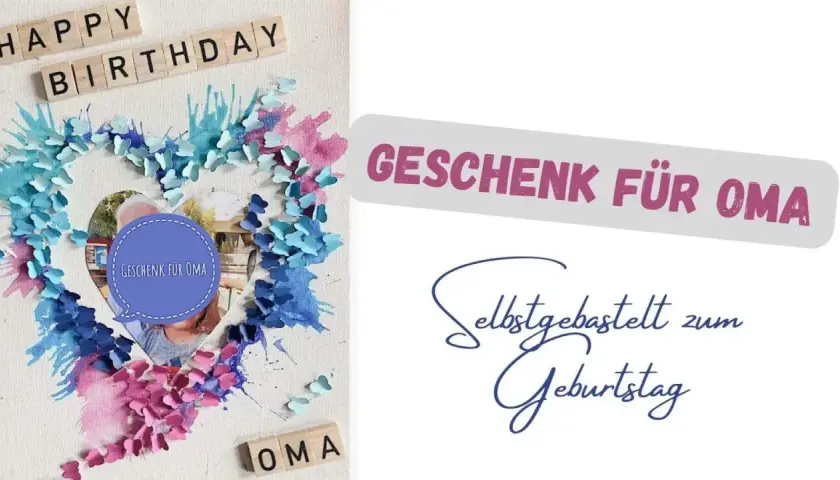 Eine selbstgebastelte Karte mit Schmetterlingen und Fotos für Oma. Perfekt, um zu zeigen, was man mit seiner Oma machen kann zuhause: Kreativ sein!