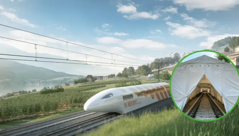Nowoczesne pociągi elektryczne pędzą przez malownicze krajobrazy. W oddali widać tunel tymczasowy nad torami.