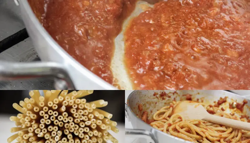 Sos pomidorowy gotuje się w patelni, obok leży pęczek makaronu bucatini. Gotowe bucatini amatriciana w garnku.
