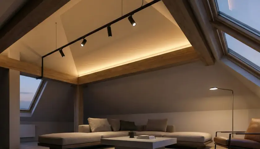 Accogliente mansarda con tetto spiovente, illuminazione soffusa e faretti direzionabili. Un rifugio moderno e rilassante.