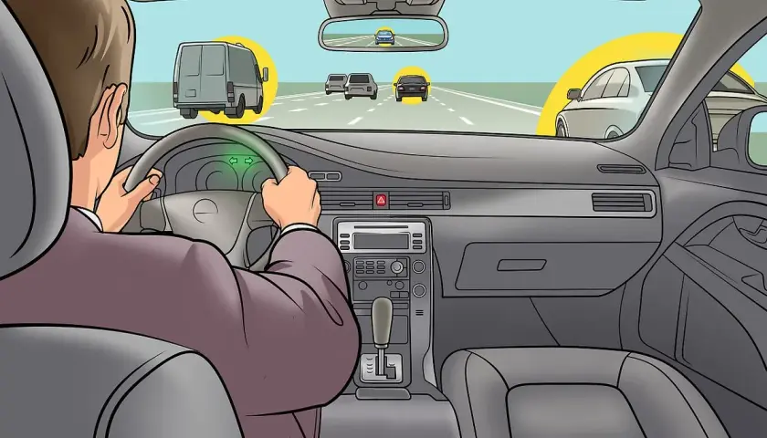 Fahrer im Auto versucht, den Verkehr zu überholen, aber die Bremsen funktionieren nicht. Ein Van und andere Autos sind auf der Straße.