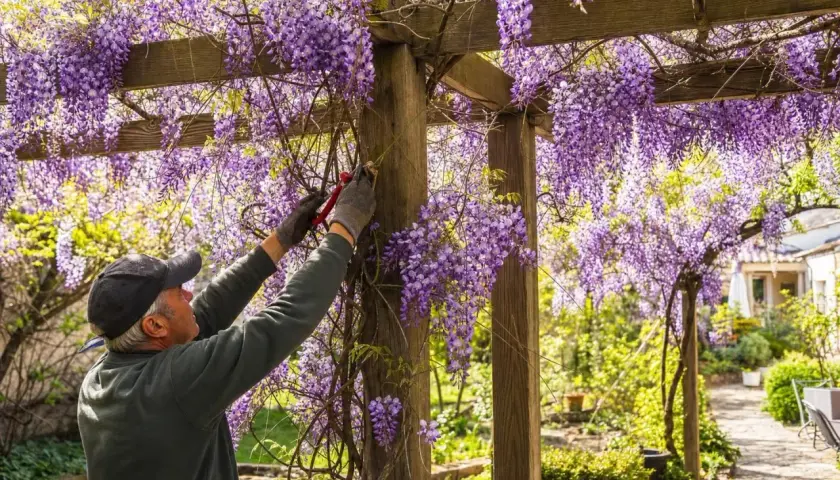 Un jardinier taille une glycine en pleine floraison sur une pergola en bois. Les grappes violettes tombent en cascade, créant un spectacle magnifique.
