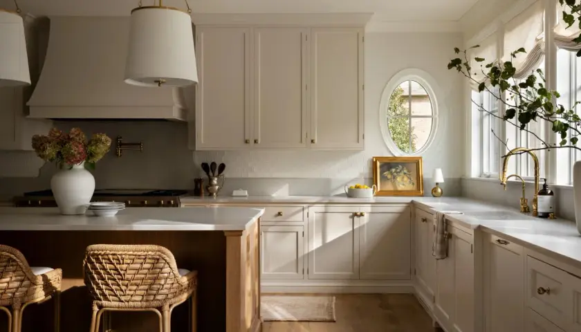 A bright, airy Studio McGee kitchen with cream cabinetry, a large island, woven stools, and a charming oval window.