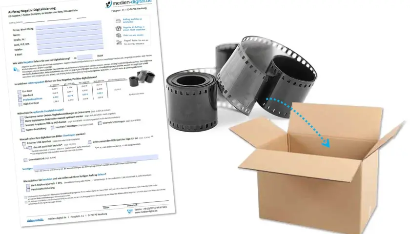 Negative digitalisieren lassen: Filmrollen und Kartonbox für den Versand.