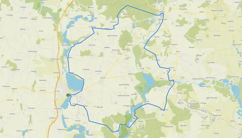 Malownicza mapa z zaznaczonymi trasami rowerowymi Kujawsko-Pomorskiego. Idealna do planowania aktywnego wypoczynku na łonie natury.