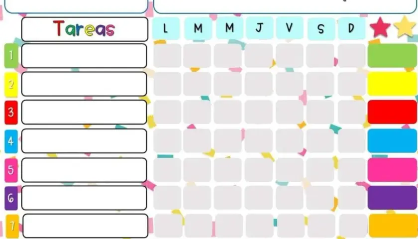 Calendario de recompensas para la economía de fichas. Muestra tareas y casillas para registrar el progreso diario y las estrellas ganadas.