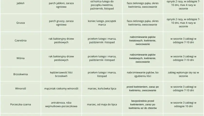 Tabela z terminami oprysków drzew owocowych, np. jabłoni na parch czy winorośli na mączniak.