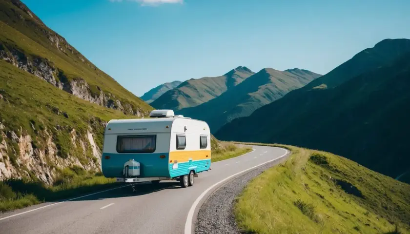 Une caravane colorée suit un itinéraire sinueux à travers des montagnes verdoyantes sous un ciel bleu clair.