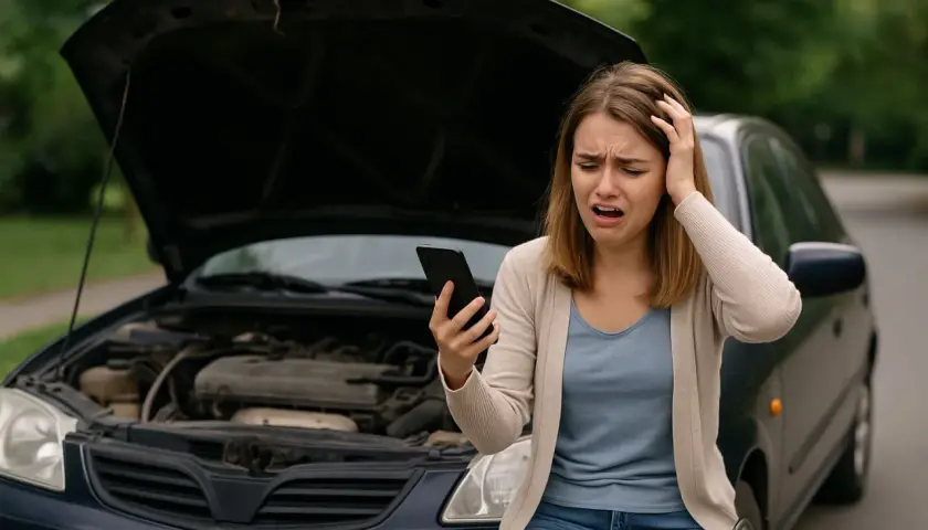 Ragazza disperata con telefono in mano, cofano aperto, la macchina non si accende.