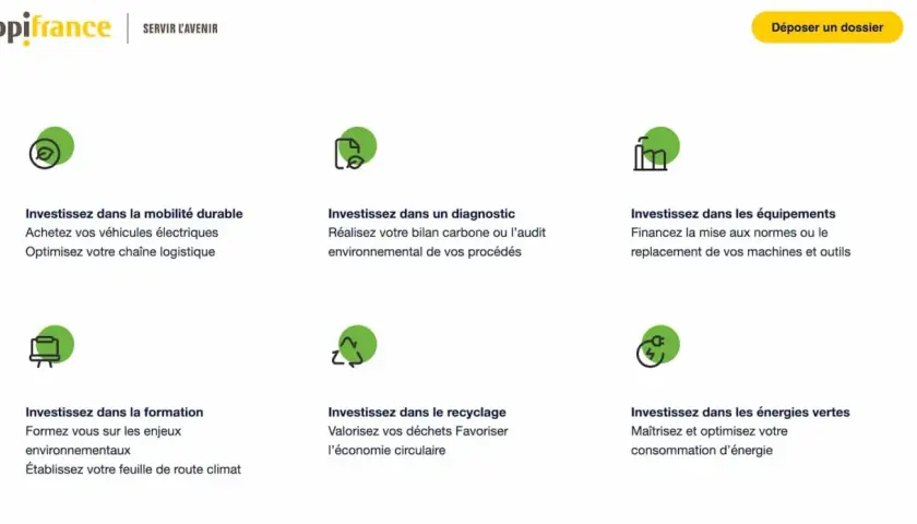 BPI France propose un prêt vert pour financer la mobilité durable, les diagnostics environnementaux, les équipements, la formation, le recyclage et les énergies vertes.