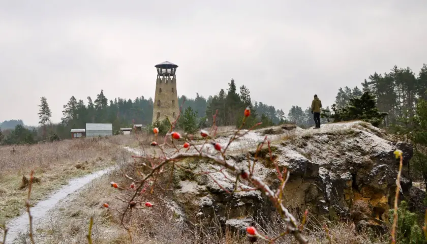 Kamieniołom Babia Dolina z wieżą widokową i człowiekiem na tle lasu.