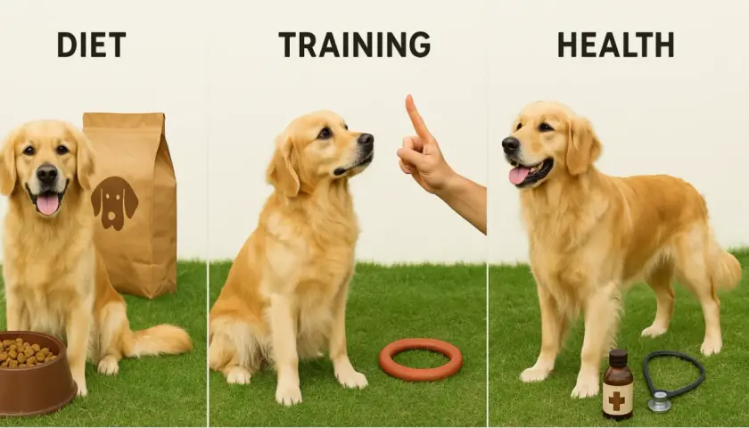 Golden retriever feliz junto a su comida, aprendiendo trucos y cuidando su salud.