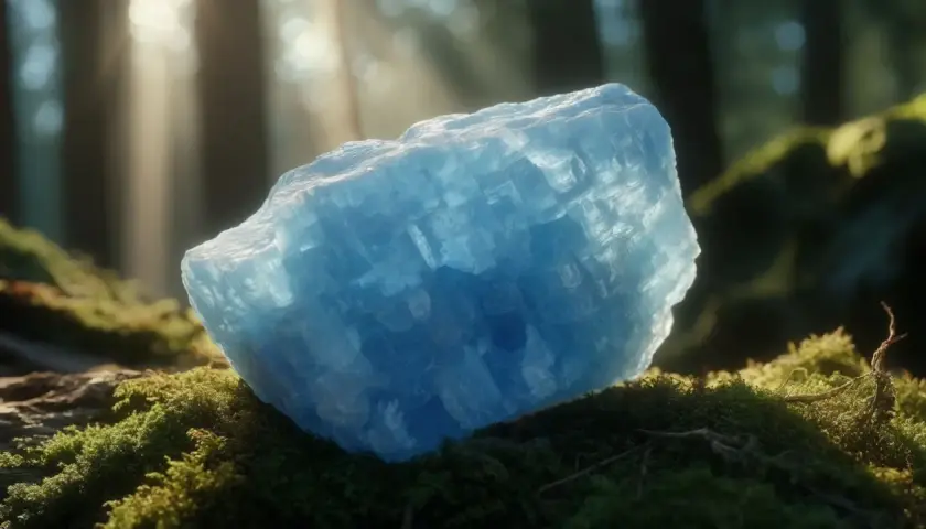 Blå kalcit, med sina lugnande blå nyanser, vilar på mossig mark i en solbelyst skog. Dess skiktade struktur antyder dess unika blå kalcit egenskaper.