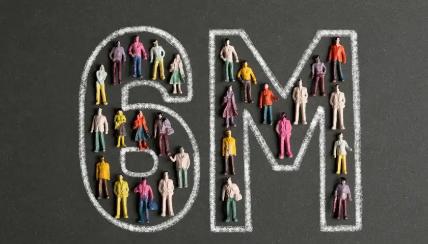 Figurki ludzi otaczają napis "6M", symbolizując społeczność lub zasięg.