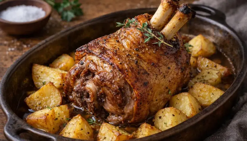 Un jarret de porc rôti, doré et croustillant, servi avec des pommes de terre coupées en dés dans un plat en fonte. Une herbe aromatique décore le plat.