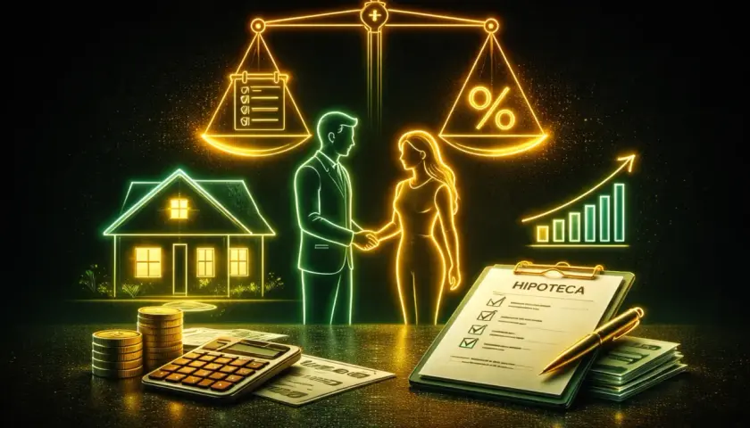 Una pareja se da la mano, simbolizando la tasación hipotecaria. Una casa, calculadora, monedas y un gráfico de crecimiento completan la escena.