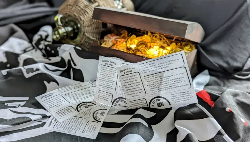 Un coffre au trésor ouvert, rempli de pièces d'or, est entouré de cartes de jeu sur le thème des pirates. Ces cartes expliquent c'est quoi un dialogue, avec des contextes et des objectifs pour écrire des scènes.