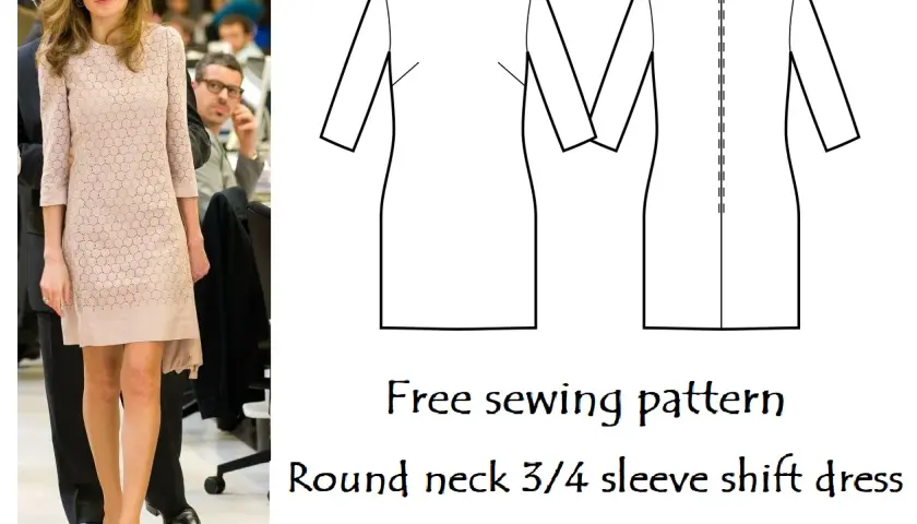 Free shift dress pattern for a round neck, 3/4 sleeve design, available in petite and regular sizes.