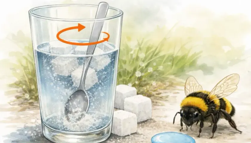Eine Hummel schaut neugierig auf einen zuckerwürfel-gesüßten Drink. So erfahren wir, was fressen Hummeln: Zuckerwasser!