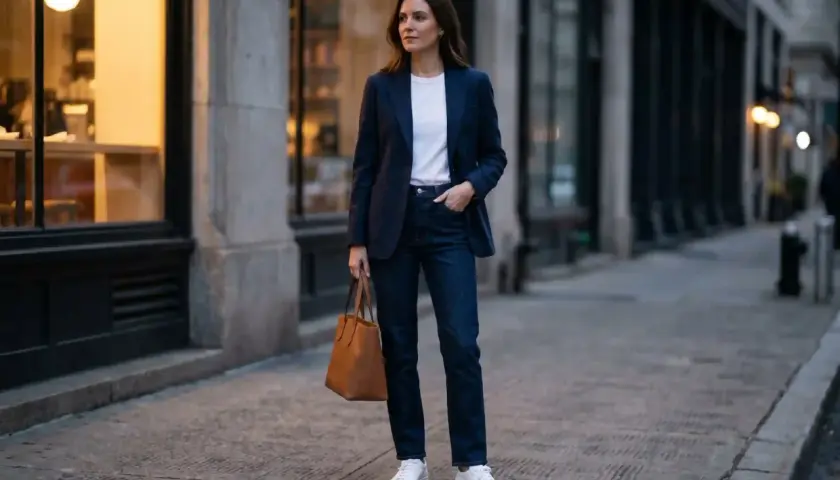 Elegancki outfit: granatowa marynarka, biały t-shirt, jeansy i białe sneakersy. Kobieta trzyma brązową torebkę.