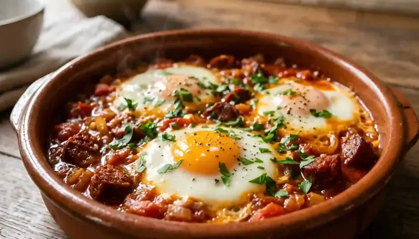 Un plat réconfortant d'oeuf chorizo, avec des œufs pochés dans une sauce tomate épicée et des morceaux de chorizo, garni de persil frais.