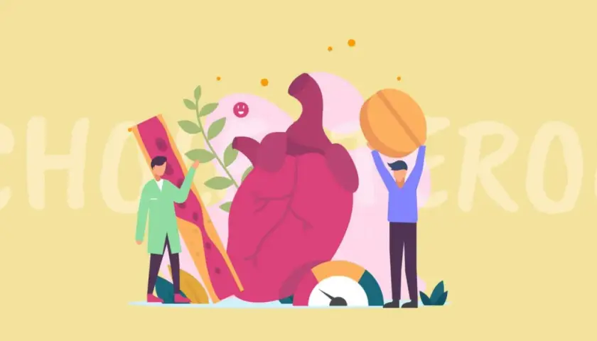 Ilustracja pokazuje serce, naczynia krwionośne i ludzi, którzy symbolizują walkę z wysokim cholesterolem. Dowiedz się, jak obniżyć cholesterol.