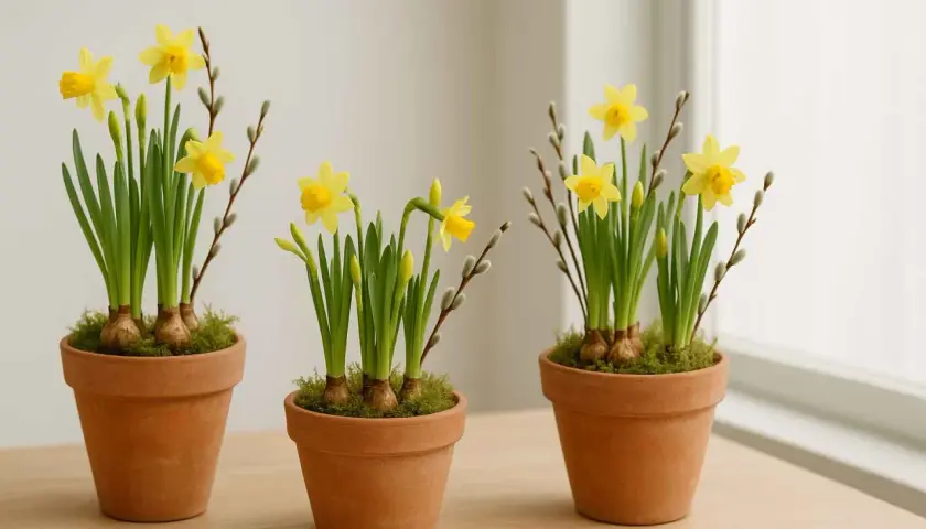 Tre krukor med gula påskblommor, påskliljor och videkissar, som sprider vårkänsla.