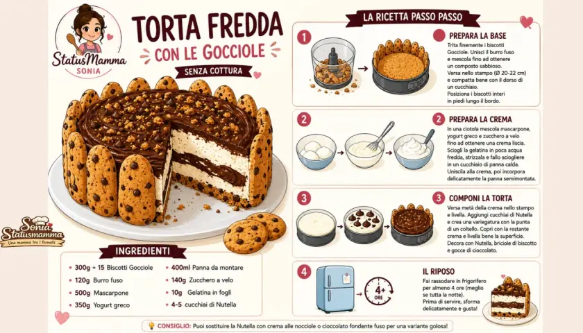 Torta fredda con gocciole, decorata con biscotti e ricoperta di cioccolato. Una delizia per ogni occasione.