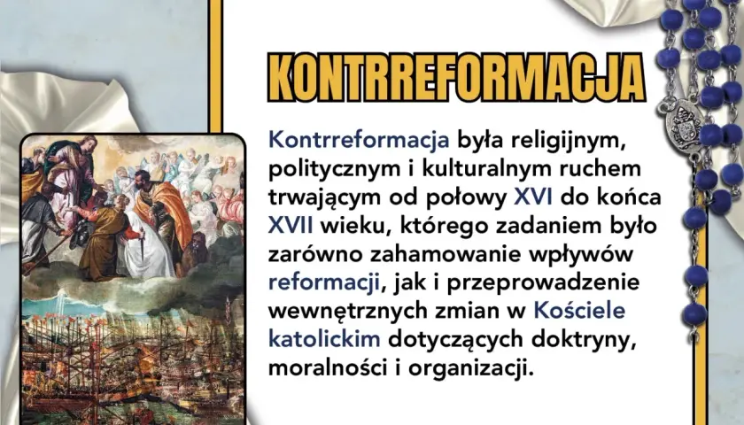 Obraz przedstawia fragment obrazu z postaciami i flotą statków oraz fragment tekstu o kontrreformacji.