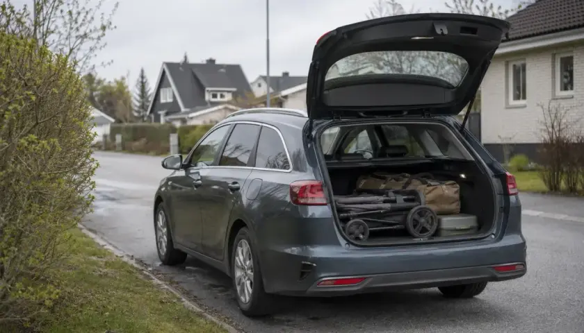 Mörkgrå Kia Ceed kombi med öppen baklucka, packad med barnvagn och väskor. Perfekt för en familjeresa, som i ett kia ceed sw test.