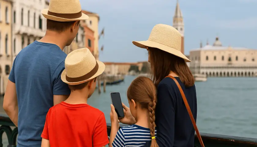 Famiglia con bambini a Venezia, con il padre e il figlio che indossano cappelli di paglia, mentre la madre mostra qualcosa sul telefono.