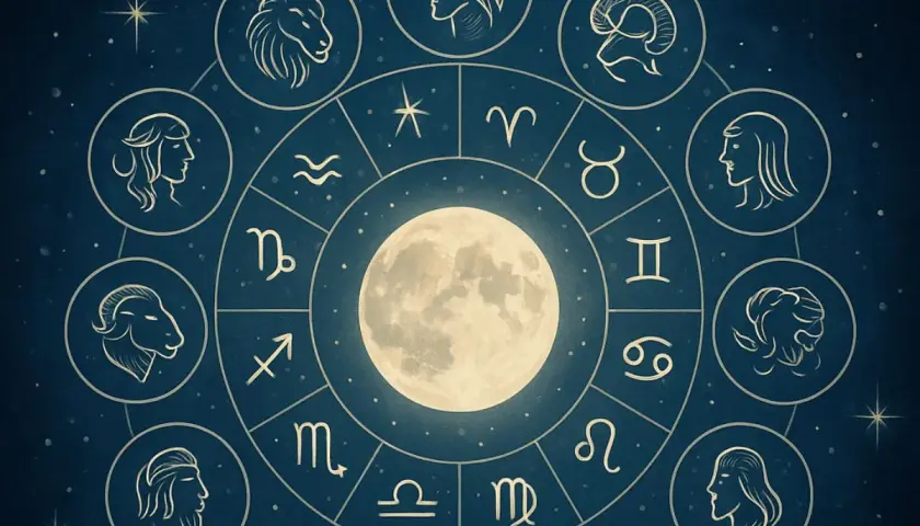 Koło zodiaku z Księżycem w centrum. Widoczne symbole i wizerunki znaków zodiaku, w tym Skorpiona. Sprawdź swój horoskop skorpion na przyszły tydzień.